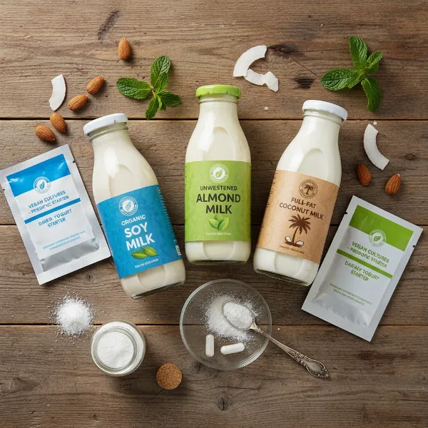 Assortment of plant milks, vegan yogurt starter cultures (packets and capsules), and various natural thickeners on a wooden table for homemade vegan yogurt making.