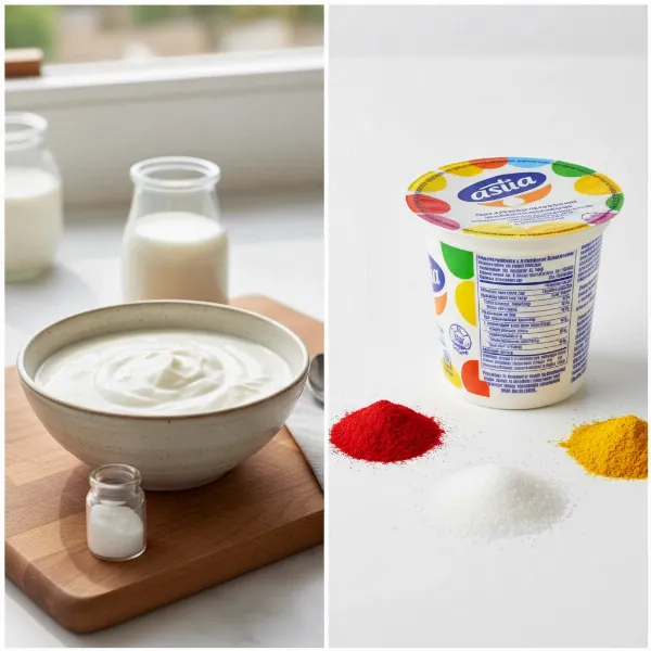 Comparison of homemade yogurt ingredients (milk, culture) versus commercial yogurt with long list of additives.