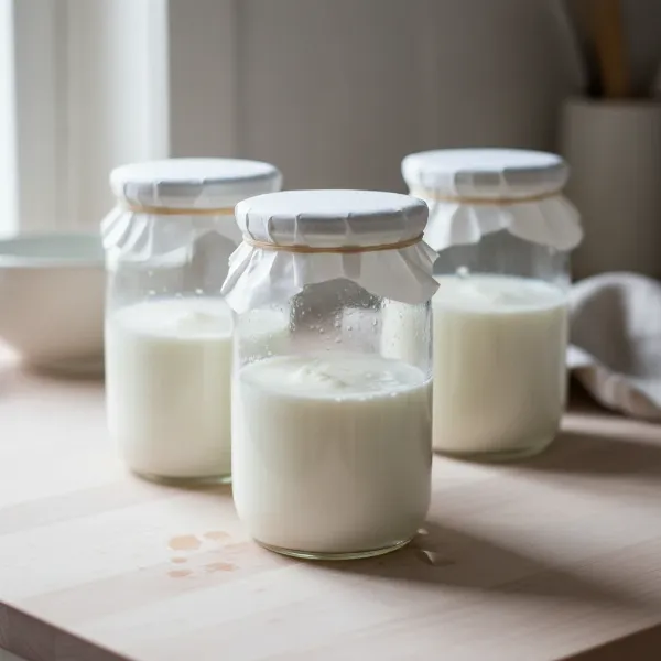 Several glass jars containing fresh milk and Viili starter culture, loosely covered, fermenting at room temperature on a kitchen counter.