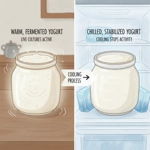 Homemade yogurt being rapidly cooled to stop fermentation and stabilize texture.