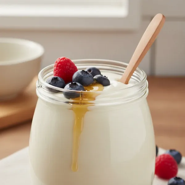 Close-up of homemade, creamy yogurt in a small glass jar, garnished with fresh berries or honey.