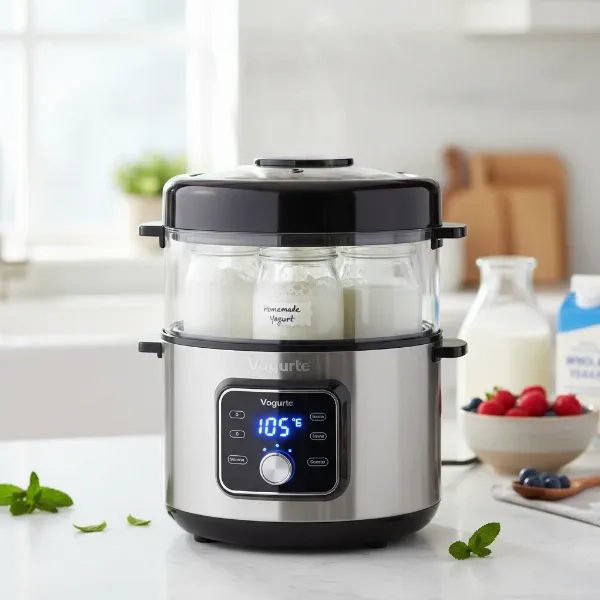 Modern yogurt maker maintaining consistent temperature with glass jars of milk fermenting inside for 24 hours.