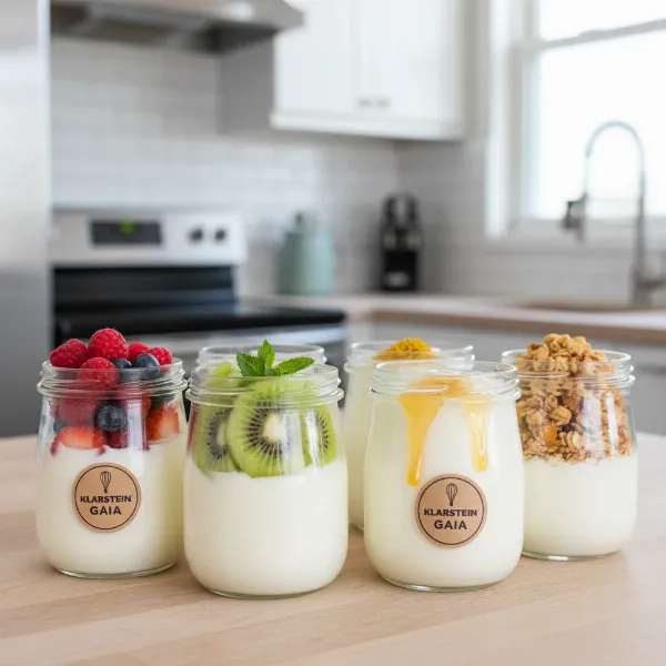 Homemade yogurt in small glass jars with various fruit and honey toppings.