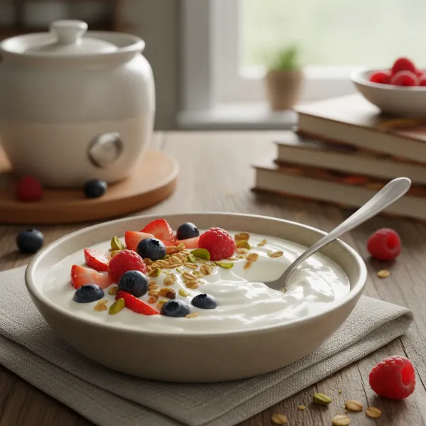 A bowl of freshly made homemade yogurt topped with various fresh fruits and berries.