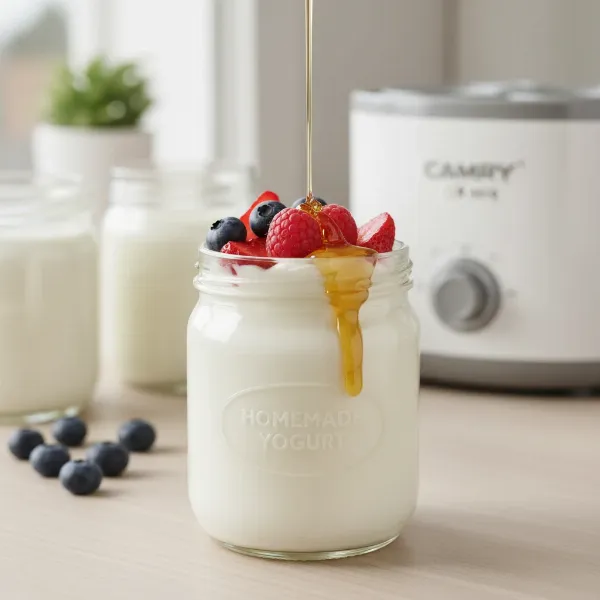 Freshly made homemade yogurt in a glass jar from Camry CR 4519, topped with berries.
