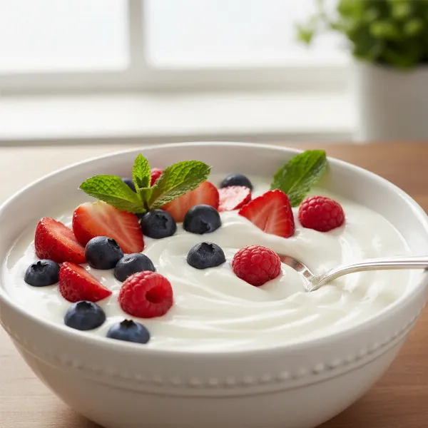 Creamy homemade yogurt in a white bowl topped with fresh berries and a spoon.