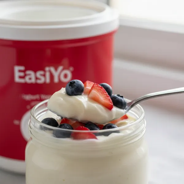 Homemade yogurt made with fresh milk using EasiYo, ready to eat.