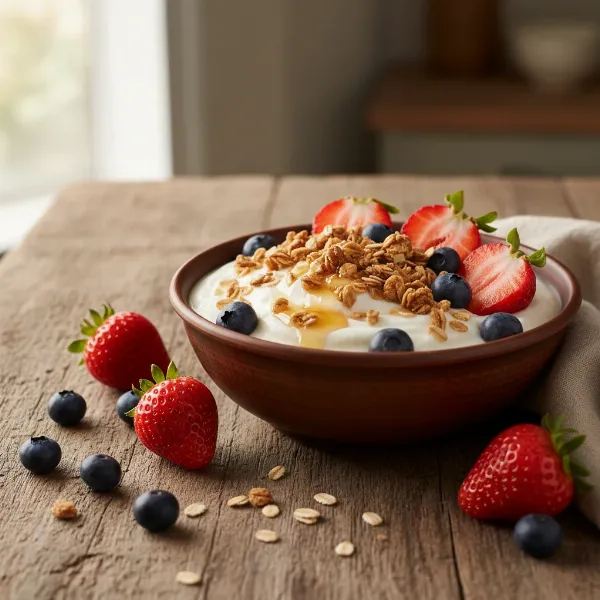 Delicious homemade yogurt served in a bowl, topped with fresh berries and granola.