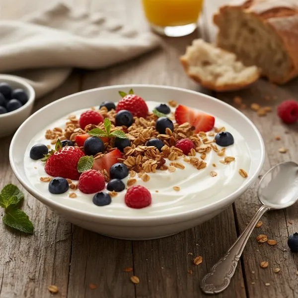 Delicious homemade yogurt in a bowl, topped with fresh berries and granola, ready to eat.