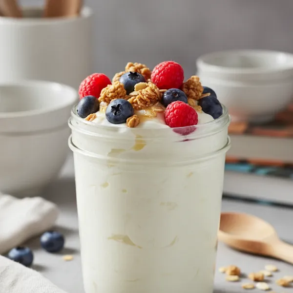 Creamy homemade yogurt in a tall glass jar, topped with fresh berries and granola.