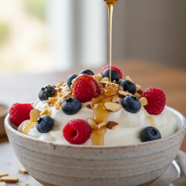 A beautifully prepared bowl of homemade yogurt, topped with fresh berries, nuts, and a drizzle of honey, showcasing customization possibilities.