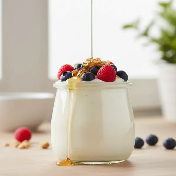 A bowl of delicious homemade yogurt, customized with fresh fruit, granola, and honey.