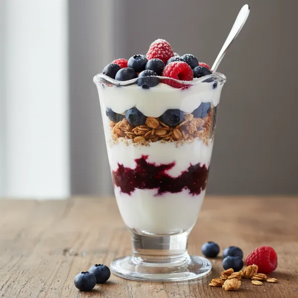 A vibrant homemade yogurt parfait with layers of fruit compote, fresh berries, and granola