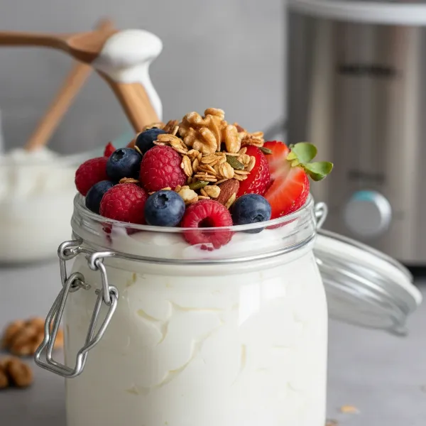 Delicious homemade yogurt in a glass jar, topped with fresh berries and granola, ready for breakfast.
