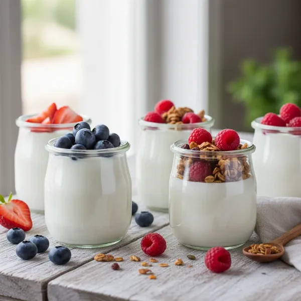 Delicious homemade yogurt in glass jars with fresh berries and granola, ready to eat.