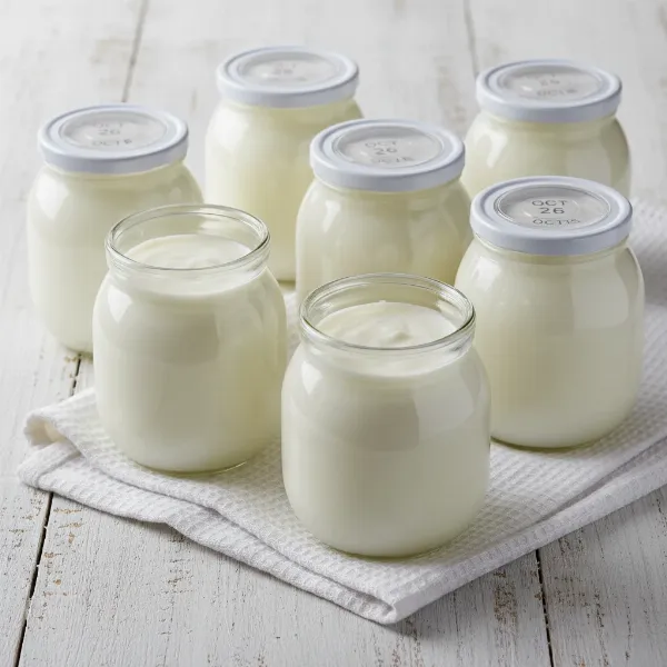 Creamy homemade yogurt in small glass jars with date-setting lids.