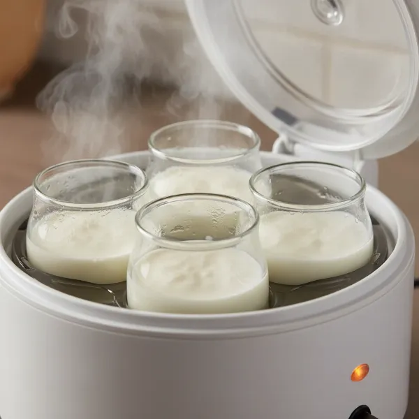 Jars of milk incubating inside a modern electric yogurt maker, showing the fermentation process.