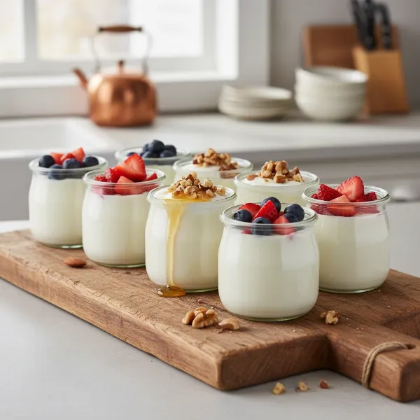 Delicious homemade yogurt in individual glass jars with various fruit toppings.