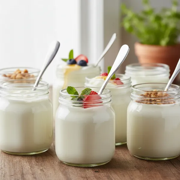 Freshly made homemade yogurt in small glass jars, ready for chilling and enjoyment.