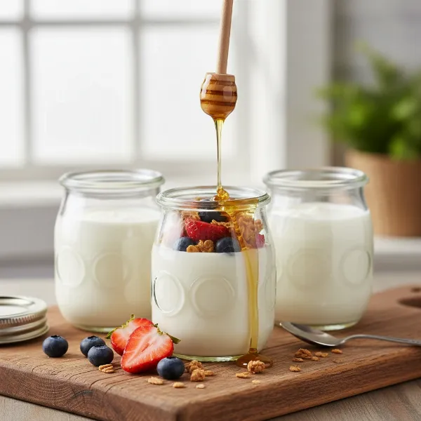 Homemade yogurt in individual glass jars, topped with fresh fruit and granola, ready for breakfast.