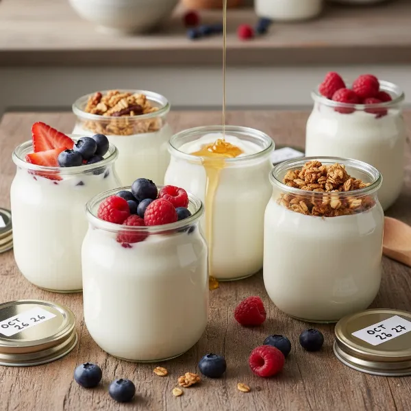 Freshly made yogurt in individual glass jars, topped with berries and granola, ready to eat.