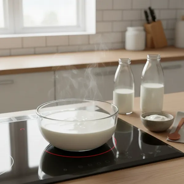 Step-by-step process of making homemade yogurt, showing milk, starter, and yogurt maker.