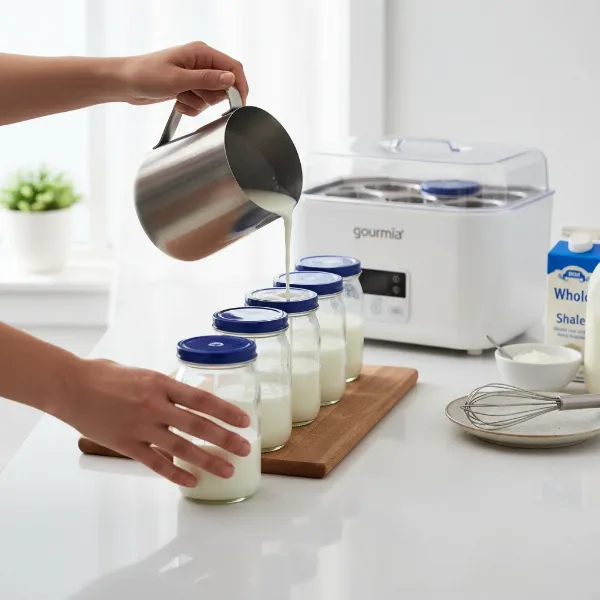 Step-by-step guide to making yogurt, milk poured into jars, ready for fermentation