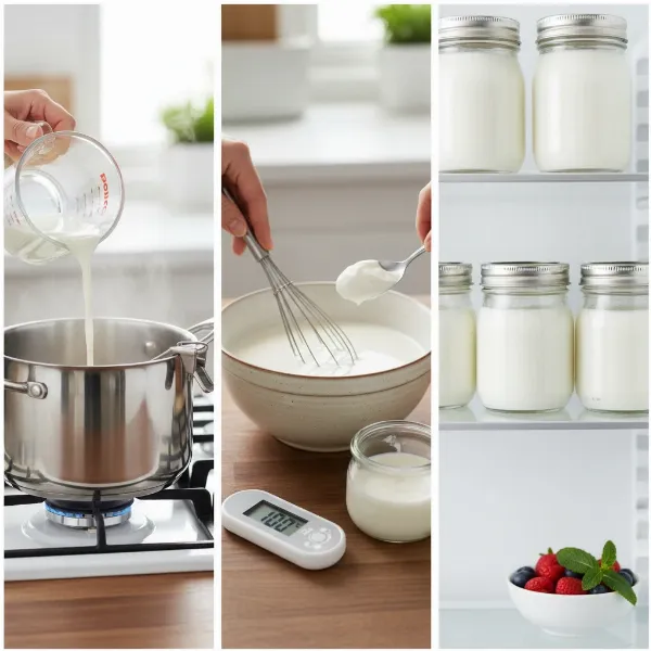 A close-up of the steps for making homemade yogurt with milk, starter, and final product.