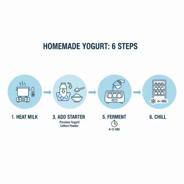 A step-by-step infographic demonstrating how to make homemade yogurt with a yogurt maker.