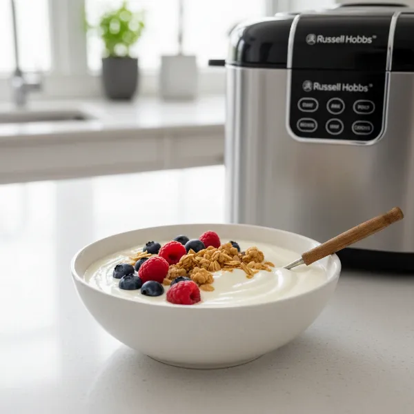 Creamy homemade yogurt in a bowl, made using a Russell Hobbs multi-cooker.