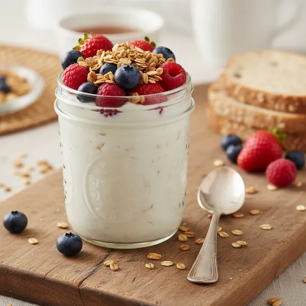 Delicious homemade yogurt in a glass jar, topped with fresh berries and granola, ready to eat.