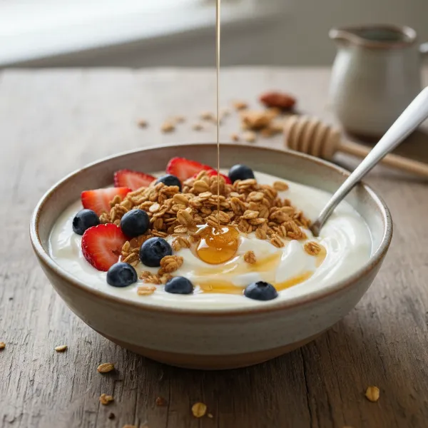 Fresh homemade yogurt in a bowl, topped with fruits, granola, and honey, showcasing customization.