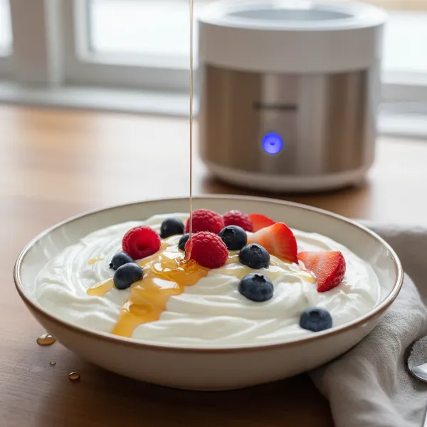 Freshly made homemade yogurt in a small kitchen, with fruit and toppings.