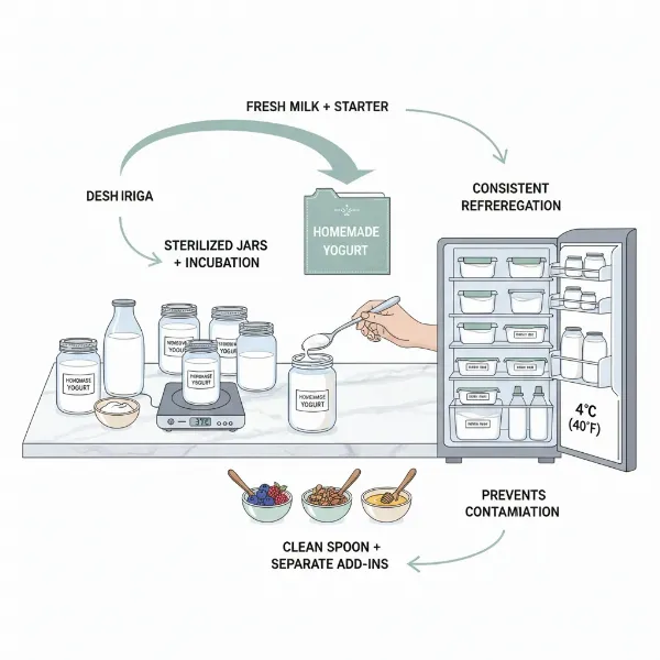 Illustration showing key factors affecting homemade yogurt freshness and shelf life in a kitchen setting.