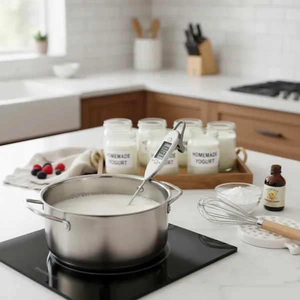 A well-lit kitchen scene showing various tools for making homemade yogurt: a thermometer, a whisk, milk in a saucepan, and several jars of finished yogurt.