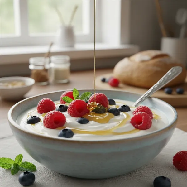 A bowl of creamy homemade yogurt topped with fresh berries and a drizzle of honey, ready to eat.