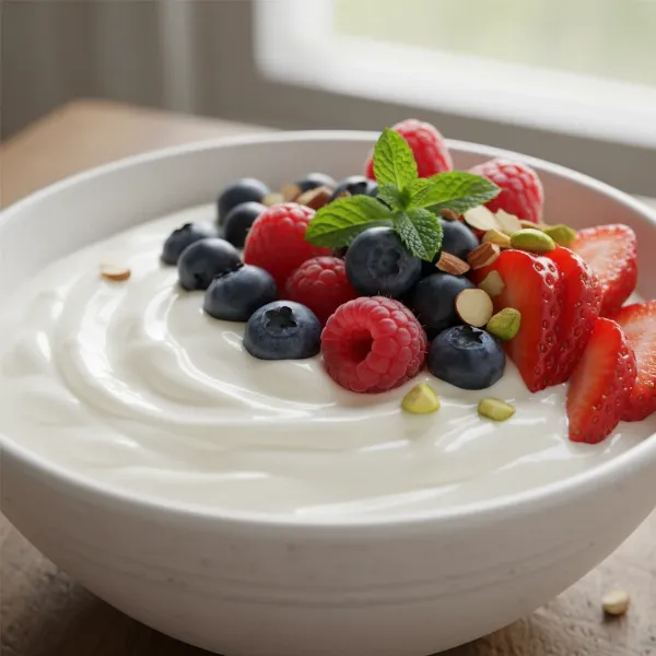 A close-up of a bowl of creamy Icelandic skyr topped with fresh berries, representing its rich texture and healthy appeal.