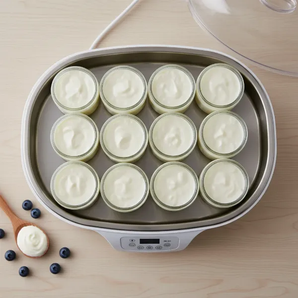 Twelve individual glass jars with screw caps for homemade yogurt.