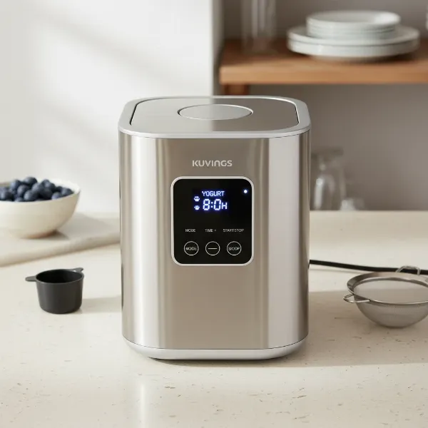 Sleek silver Kuvings Greek Yogurt and Cheese Maker on a modern kitchen countertop.