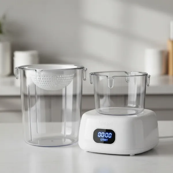 A Lakeland Digital Yogurt Maker with its digital control panel, two BPA-free containers, and a strainer.