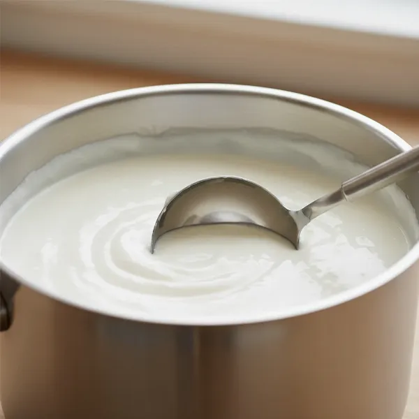 A large, creamy batch of homemade plain yogurt in a stainless steel container.