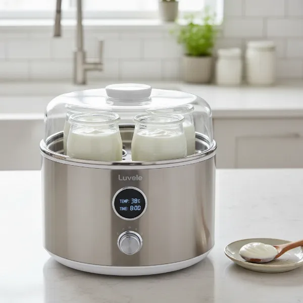Luvele Pure yogurt maker with four ceramic jars on a kitchen counter