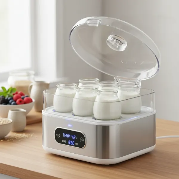 A modern electric yogurt maker with multiple glass jars filled with milk, ready for fermentation.