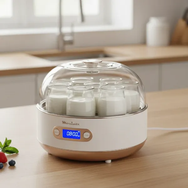 Moulinex Yogurteo yogurt maker on kitchen counter, showing compact design and glass jars.