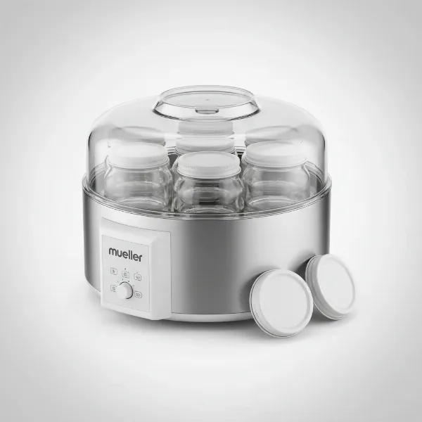 Mueller Austria Ultra Yogurt Maker displaying eight glass jars for individual yogurt servings.