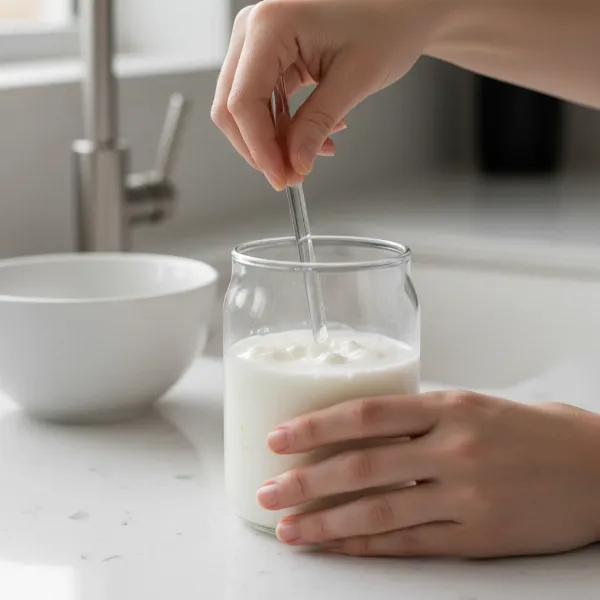 Hands mixing ultra-filtered milk and starter culture for no-boil yogurt in jar.