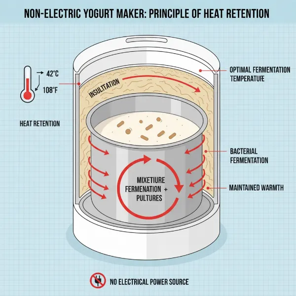 Diagram showing non-electric yogurt maker's insulation retaining heat for fermentation.