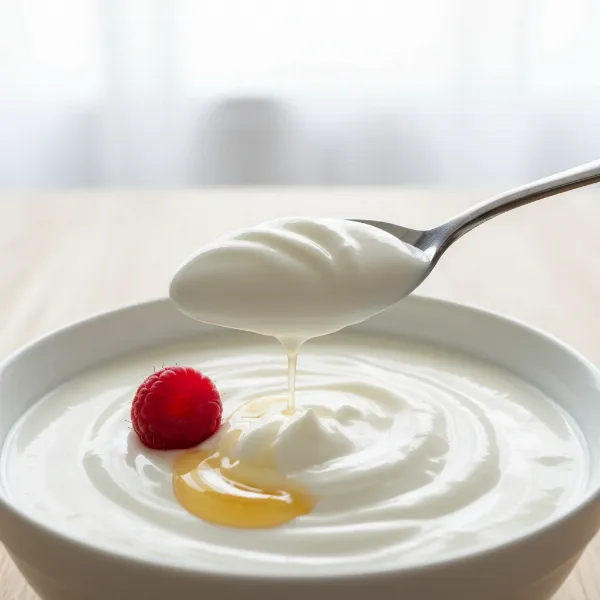A bowl of perfectly thick, creamy homemade yogurt with a spoon, ready to eat