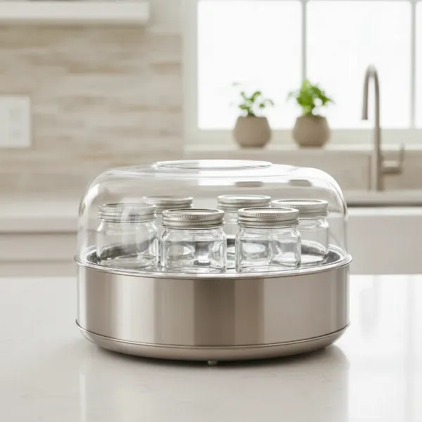 Modern electric yogurt maker with multiple glass containers, ready for plastic-free homemade yogurt fermentation.
