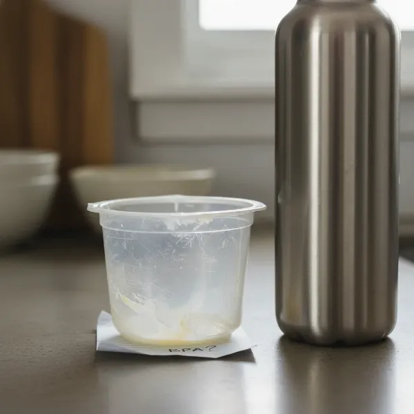A used plastic yogurt container, showing signs of wear, scratches, and slight discoloration.